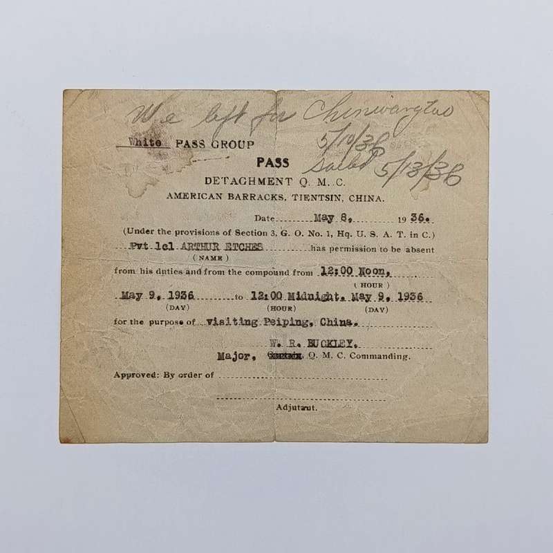 1936 Military Pass for American barracks in China - for Arthur Etches - white pass group