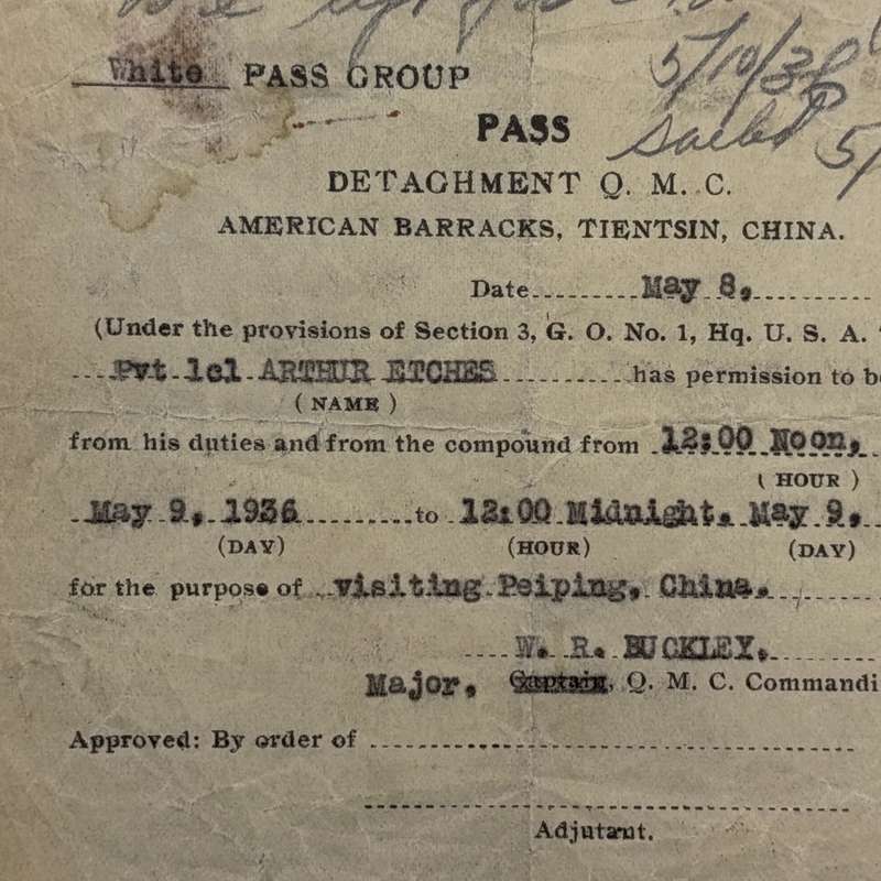 1936 Military Pass for American barracks in China - for Arthur Etches - white pass group