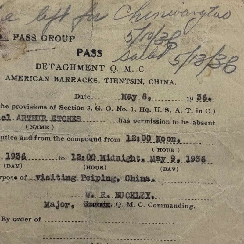 1936 Military Pass for American barracks in China - for Arthur Etches - white pass group