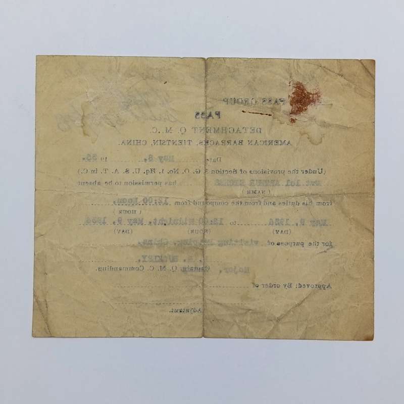 1936 Military Pass for American barracks in China - for Arthur Etches - white pass group