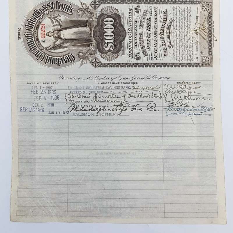 Cleveland, Cininnati, Chicago and St Louis Railway company 1893 - $1000 Gold bond - no. 22279