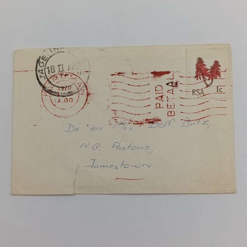 Small envelope with RSA 1 stamp cancelled Kuruman 1970 in red ink and Jagersfontein in black ink