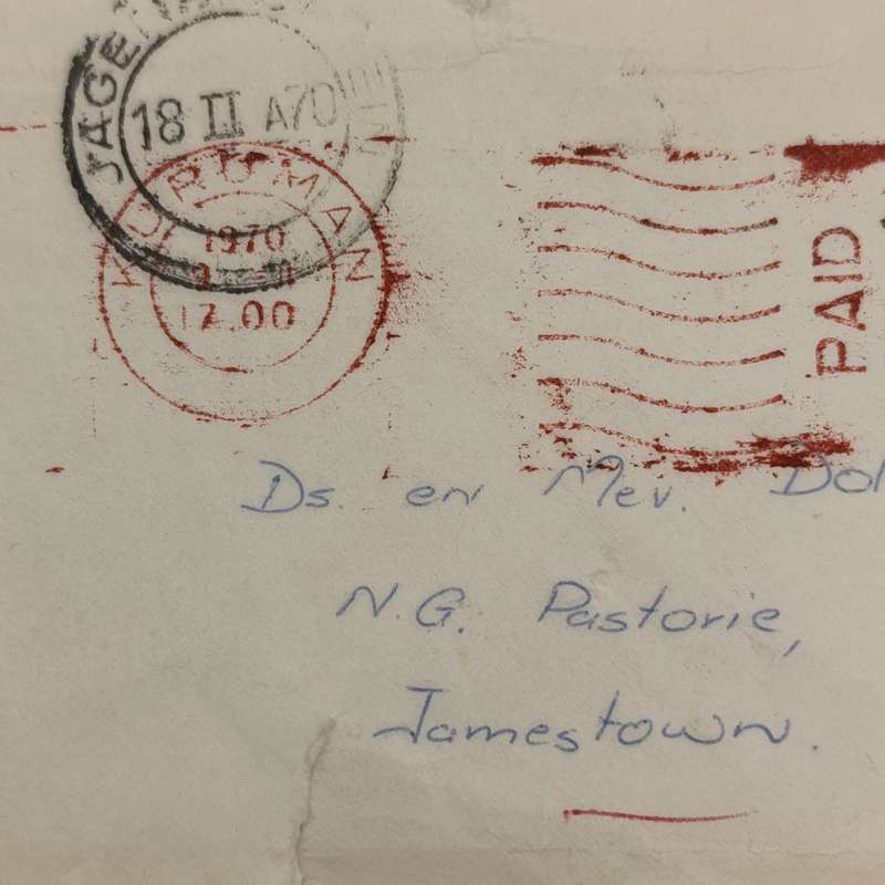 Small envelope with RSA 1 stamp cancelled Kuruman 1970 in red ink and Jagersfontein in black ink