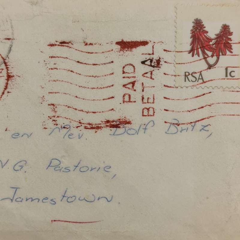 Small envelope with RSA 1 stamp cancelled Kuruman 1970 in red ink and Jagersfontein in black ink