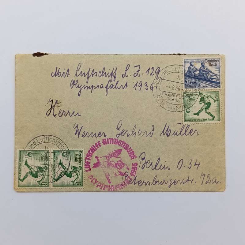 Olympic Flight cover flown 1/8/36 on the Airship Hindenburg with Olympia flight 1936 pink cancel