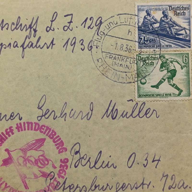 Olympic Flight cover flown 1/8/36 on the Airship Hindenburg with Olympia flight 1936 pink cancel