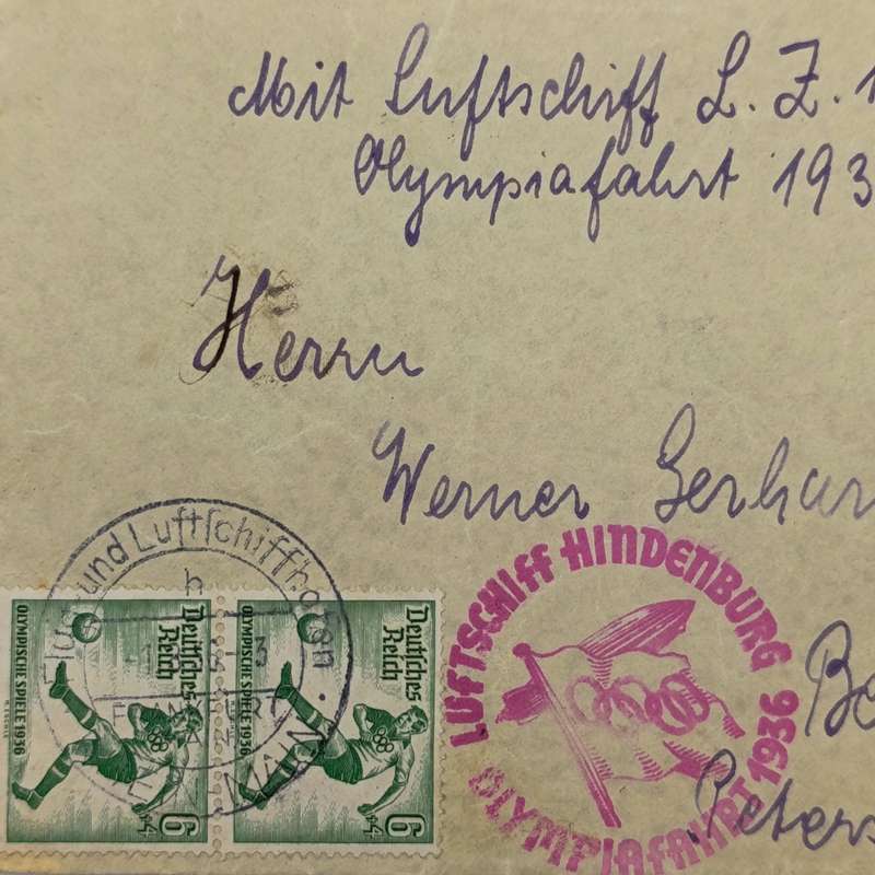 Olympic Flight cover flown 1/8/36 on the Airship Hindenburg with Olympia flight 1936 pink cancel