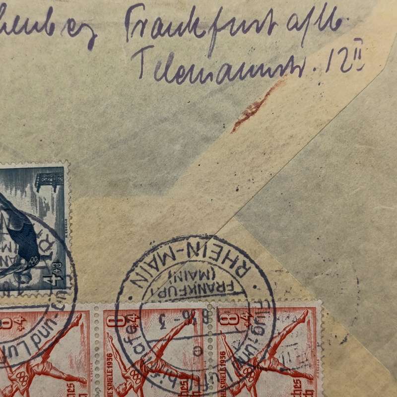 Olympic Flight cover flown 1/8/36 on the Airship Hindenburg with Olympia flight 1936 pink cancel