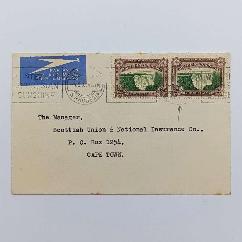 Postal Cover with pair of Southern Rhodesia Victoria Falls 2d stamps with shifted center