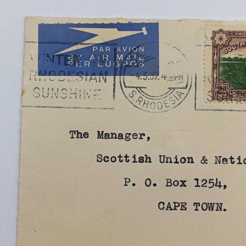 Postal Cover with pair of Southern Rhodesia Victoria Falls 2d stamps with shifted center