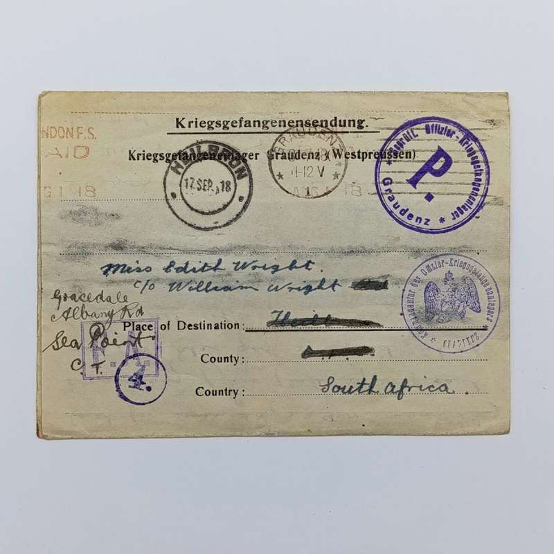 Prisoner of War letter from Graudenz Poland to Heilbron, South Africa with various prison camp