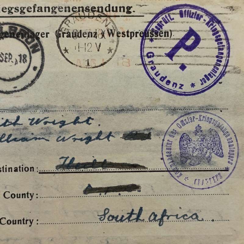 Prisoner of War letter from Graudenz Poland to Heilbron, South Africa with various prison camp