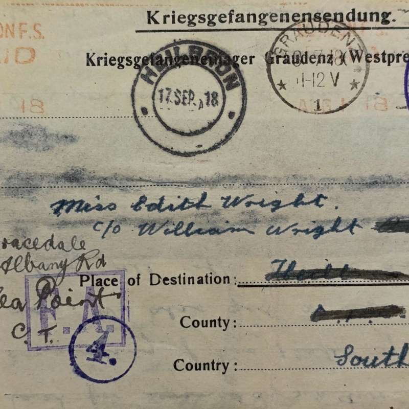 Prisoner of War letter from Graudenz Poland to Heilbron, South Africa with various prison camp