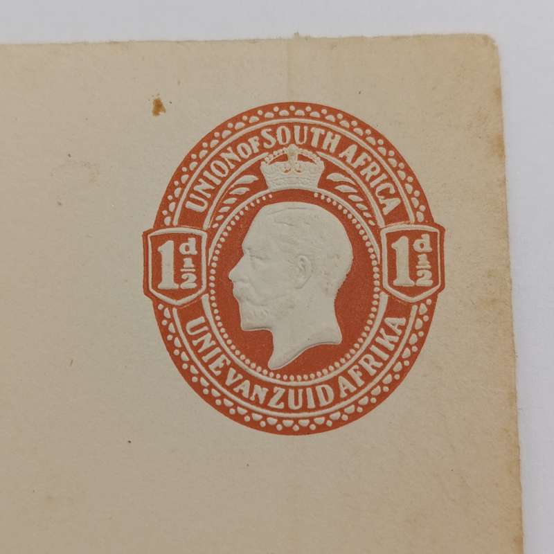 Union of South Africa pre-printed envelope with embossed 1 1/2d imprint stamp - unused
