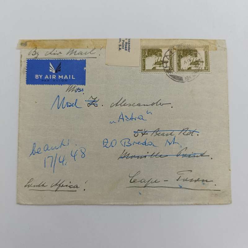 Palestine Air Mail cover to Cape Town with interesting re-sealed label on top