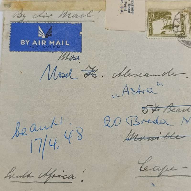 Palestine Air Mail cover to Cape Town with interesting re-sealed label on top