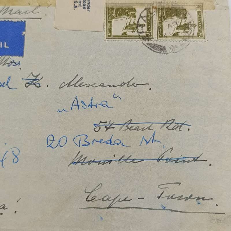 Palestine Air Mail cover to Cape Town with interesting re-sealed label on top