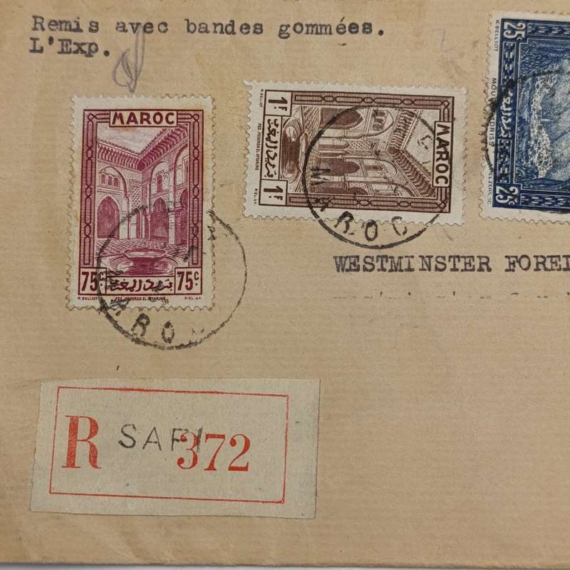 Registered postal cover from Safi, Morocco to Bordeaux, France - 1934 - with 3 Moroccan stamps