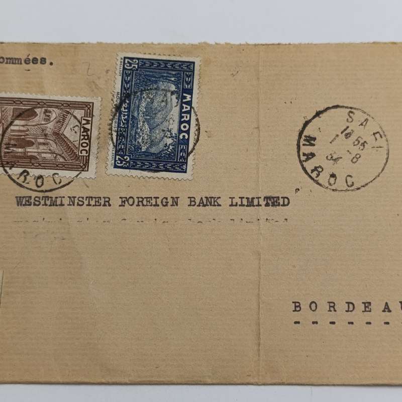 Registered postal cover from Safi, Morocco to Bordeaux, France - 1934 - with 3 Moroccan stamps