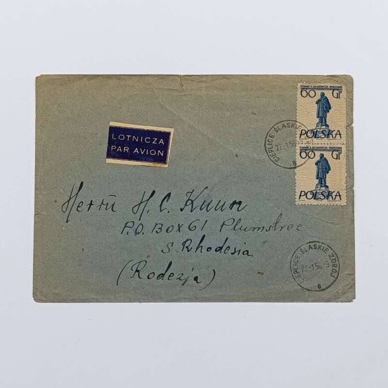 Airmail cover from Cieplice Slaskie, Poland to Southern Rhodesia - with 60Gr Polska Polish stamps