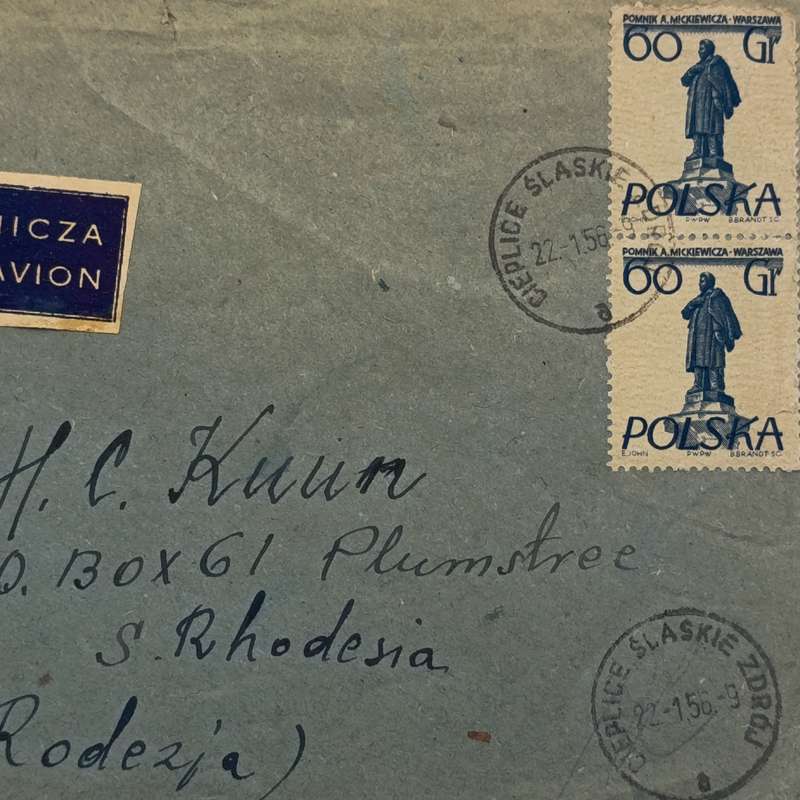 Airmail cover from Cieplice Slaskie, Poland to Southern Rhodesia - with 60Gr Polska Polish stamps