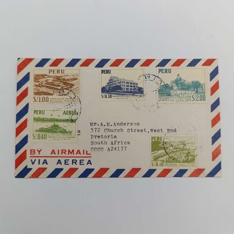 Airmail cover from Lima-Peru to Pretoria, South Africa with 5 Peru stamps