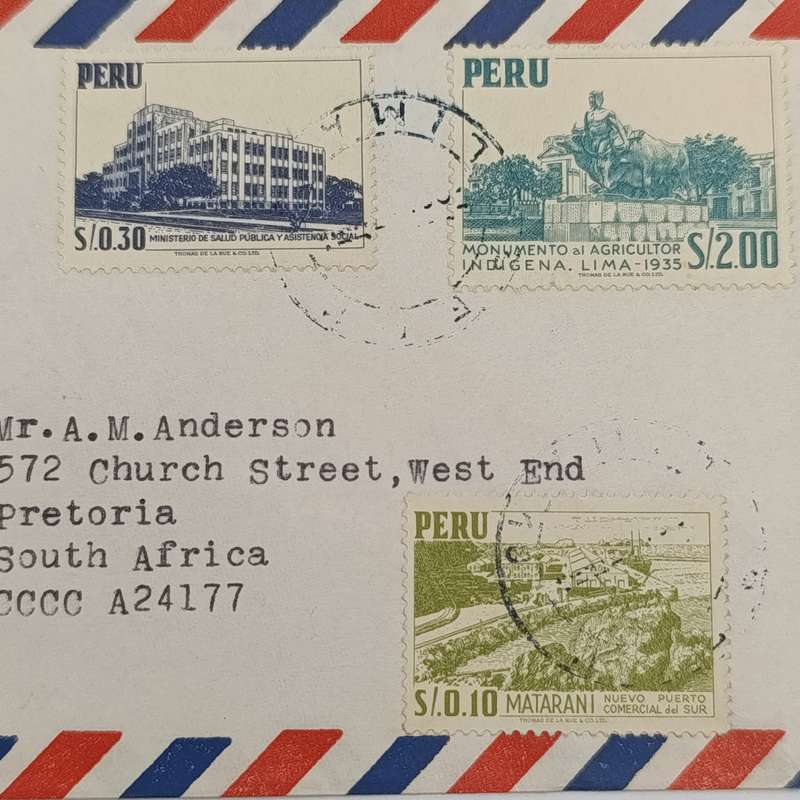 Airmail cover from Lima-Peru to Pretoria, South Africa with 5 Peru stamps