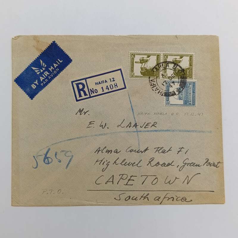 Registered airmail cover from Haifa Nahla to Cape Town South Africa with 3 Palestine stamps