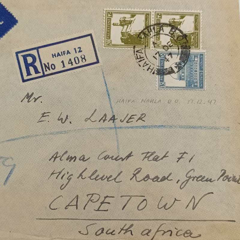 Registered airmail cover from Haifa Nahla to Cape Town South Africa with 3 Palestine stamps