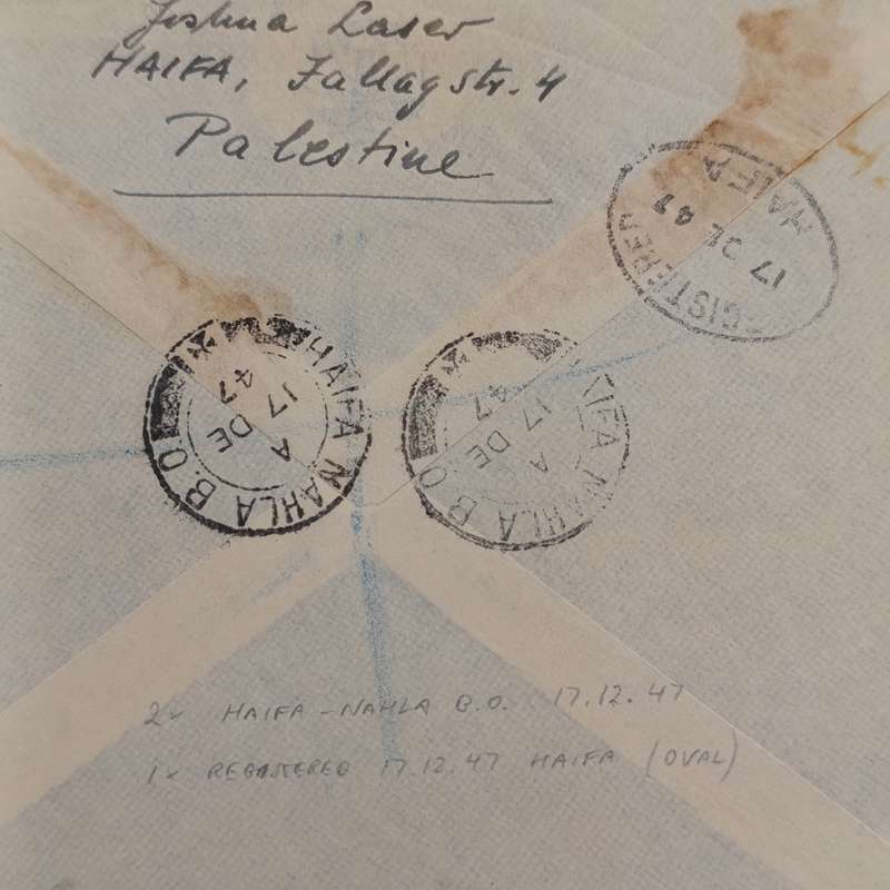 Registered airmail cover from Haifa Nahla to Cape Town South Africa with 3 Palestine stamps