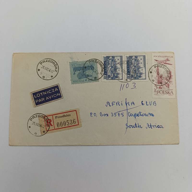 Registered airmail cover from Przedborz, Poland to Cape Town South Africa
