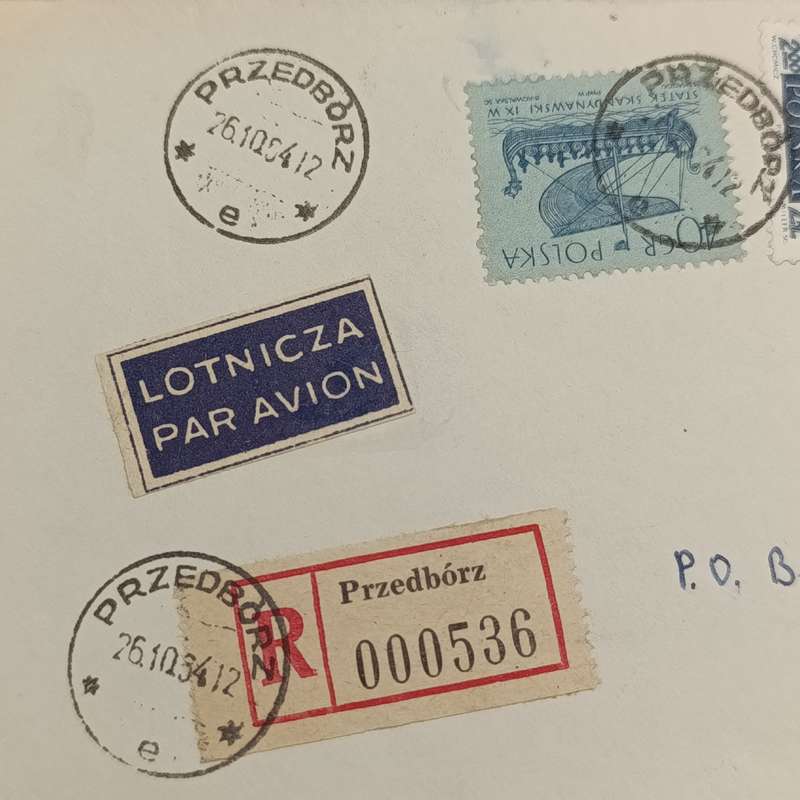 Registered airmail cover from Przedborz, Poland to Cape Town South Africa