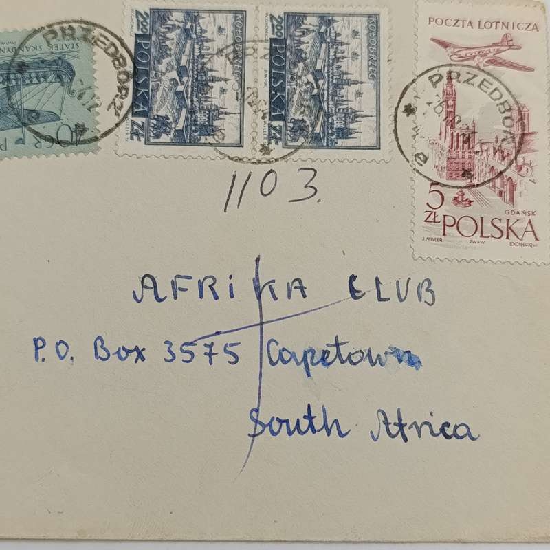 Registered airmail cover from Przedborz, Poland to Cape Town South Africa