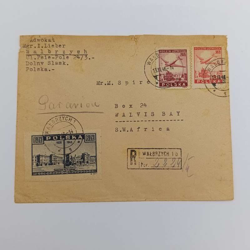 Registered postal cover from Walbrzych to Walvis Bay, SWA with 20Zt, 30Zt and 6Zt Polish stamps