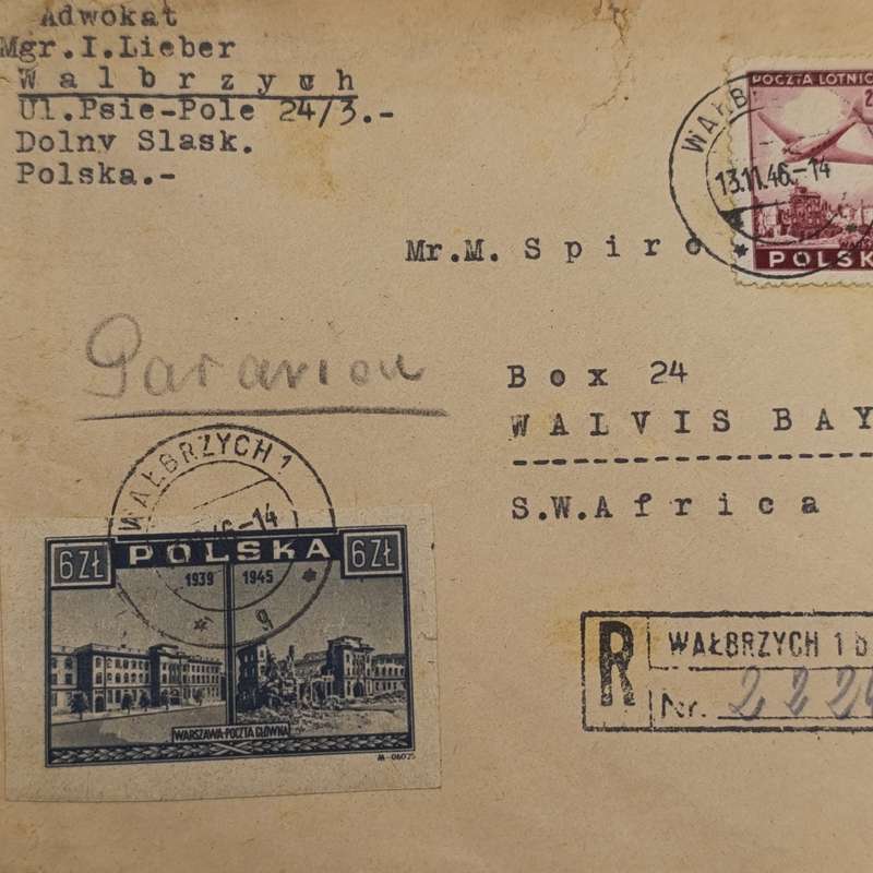 Registered postal cover from Walbrzych to Walvis Bay, SWA with 20Zt, 30Zt and 6Zt Polish stamps