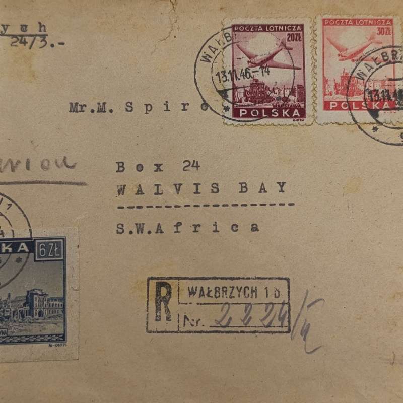 Registered postal cover from Walbrzych to Walvis Bay, SWA with 20Zt, 30Zt and 6Zt Polish stamps