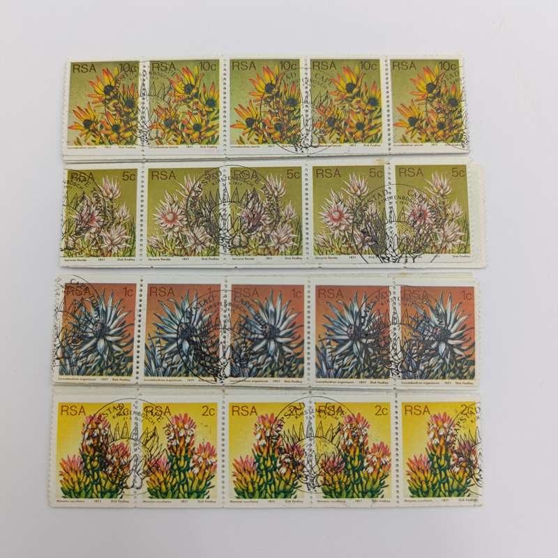 South Africa protea series coil stamps - 1c, 2c, 5c, 10c 4 strips of 30 stamps cancelled