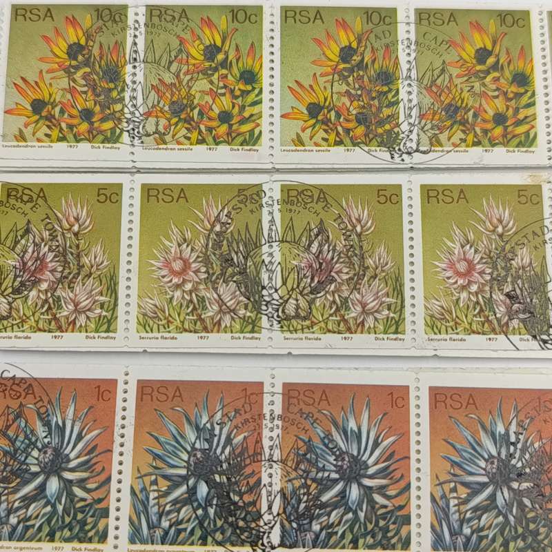 South Africa protea series coil stamps - 1c, 2c, 5c, 10c 4 strips of 30 stamps cancelled