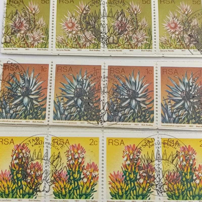 South Africa protea series coil stamps - 1c, 2c, 5c, 10c 4 strips of 30 stamps cancelled
