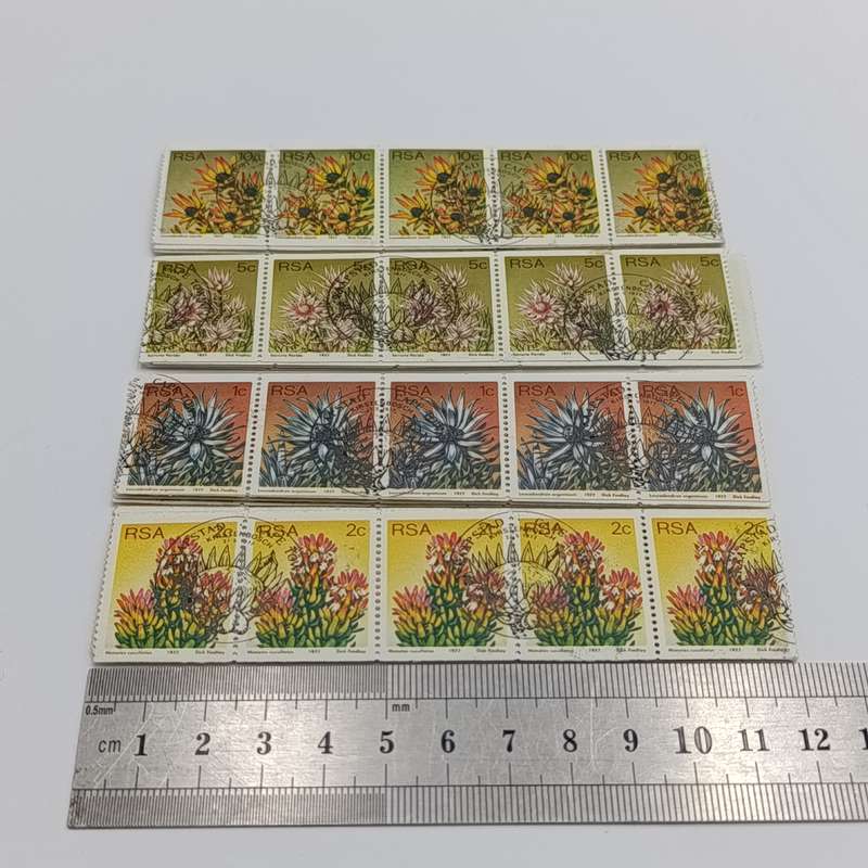 South Africa protea series coil stamps - 1c, 2c, 5c, 10c 4 strips of 30 stamps cancelled