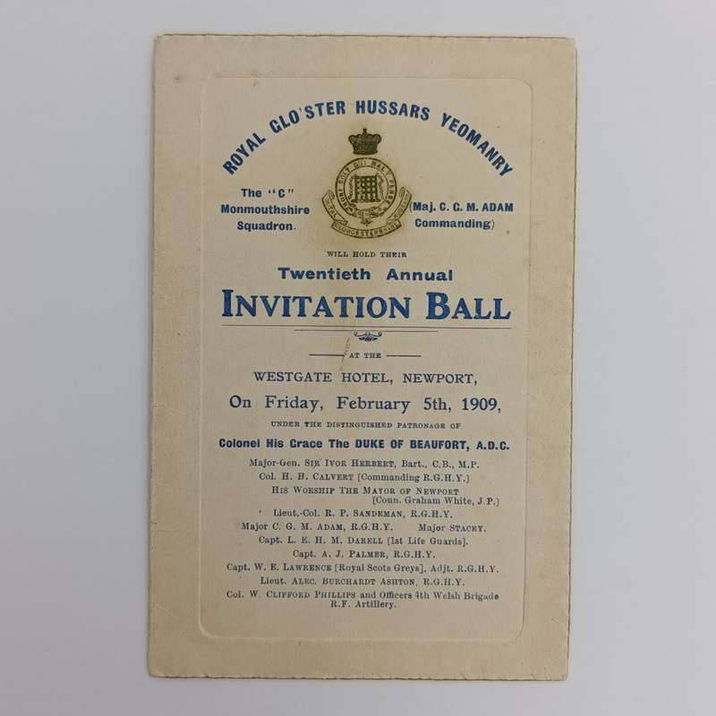 Royal Gloucestershire Hussars Yeomanry 20th annual invitation Ball card - Friday, February 5th, 1909