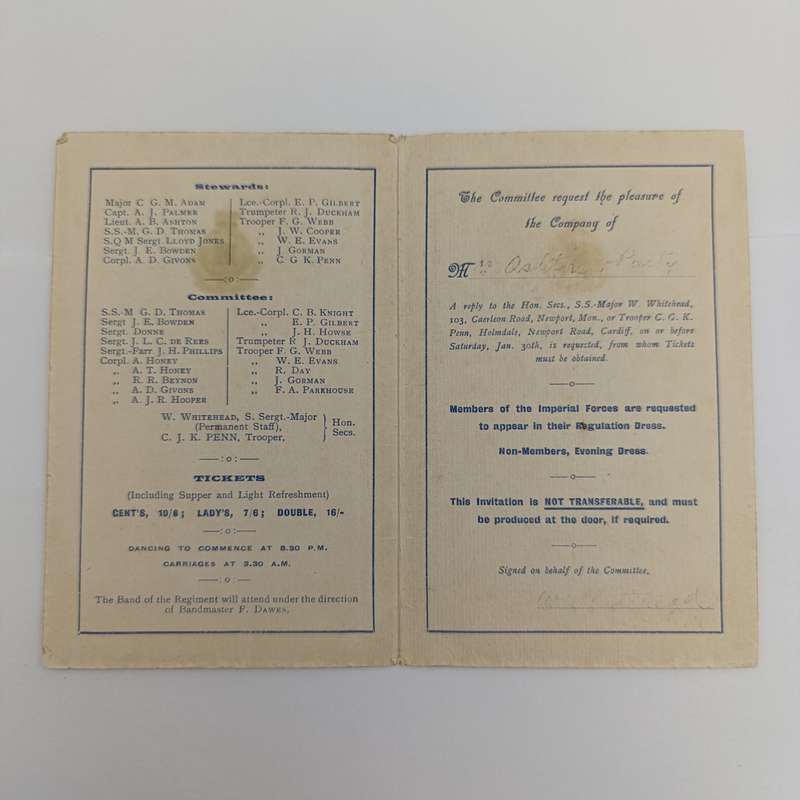 Royal Gloucestershire Hussars Yeomanry 20th annual invitation Ball card - Friday, February 5th, 1909