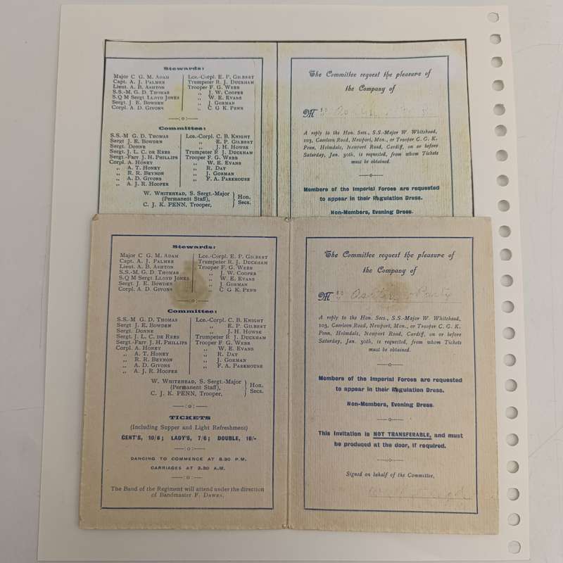 Royal Gloucestershire Hussars Yeomanry 20th annual invitation Ball card - Friday, February 5th, 1909