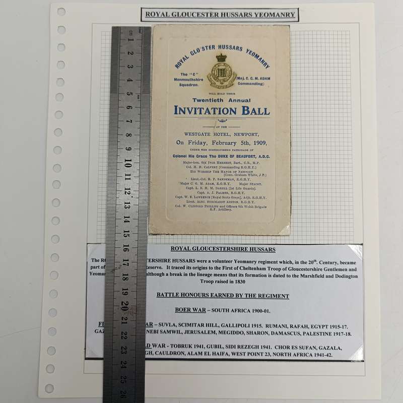 Royal Gloucestershire Hussars Yeomanry 20th annual invitation Ball card - Friday, February 5th, 1909