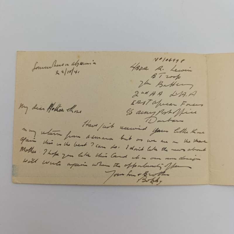 WW2 7th Battery - 2nd Anti-Aircraft  regiment 1941 Christmas card written by L/Bdr R. Lewin