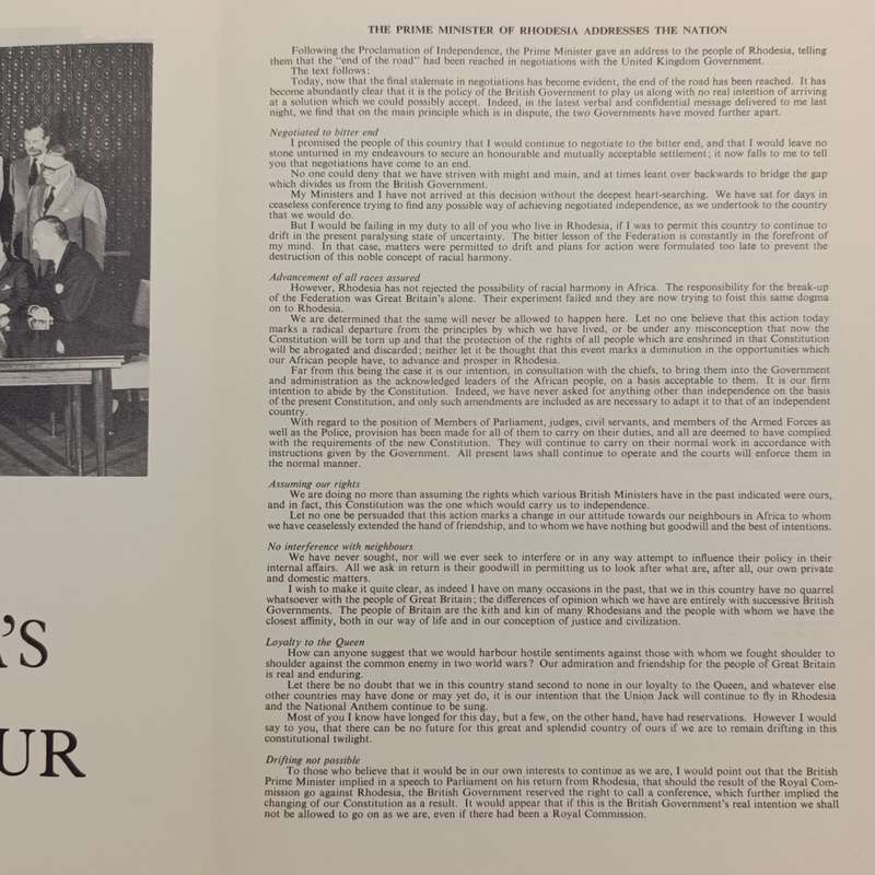 Rhodesia 11 November 1965 programme with Ian Smuts address to the nation