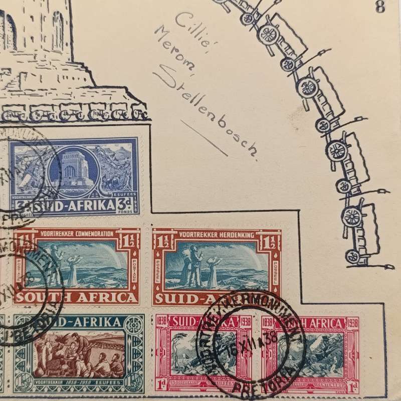 South Africa 16 December 1938 Voortrekker Centenary cover with SACC 75-80 used pairs