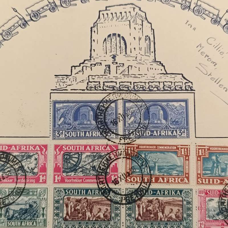 South Africa 16 December 1938 Voortrekker Centenary cover with SACC 75-80 used pairs