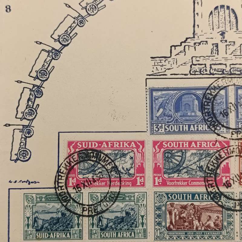 South Africa 16 December 1938 Voortrekker Centenary cover with SACC 75-80 used pairs