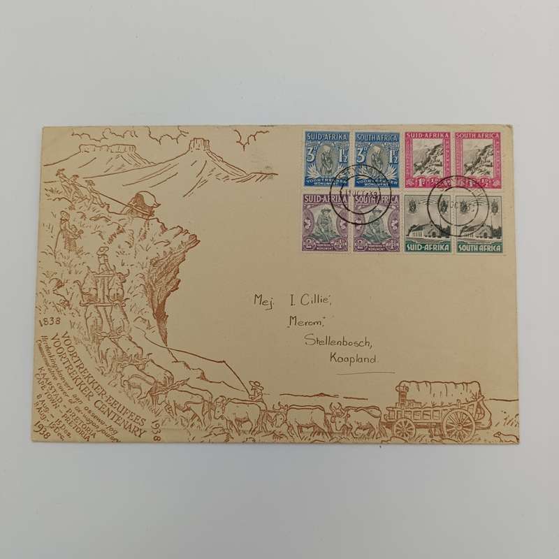 1938 South Africa voortrekker memorial fund cover with used pairs SACC51-54
